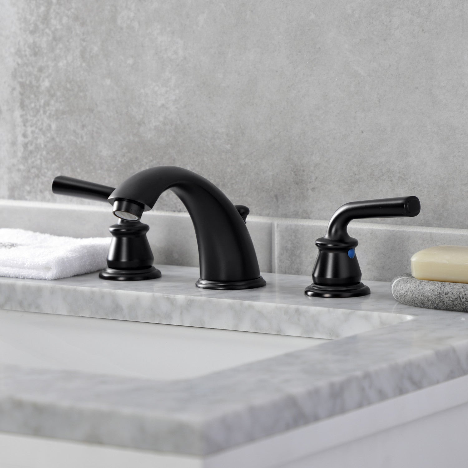 Kingston Tulare KB960RXL - Restoration Two-Handle 3-Hole Deck Mount Widespread Bathroom Faucet with Pop-Up Drain, Matte Black — thumbnail 2